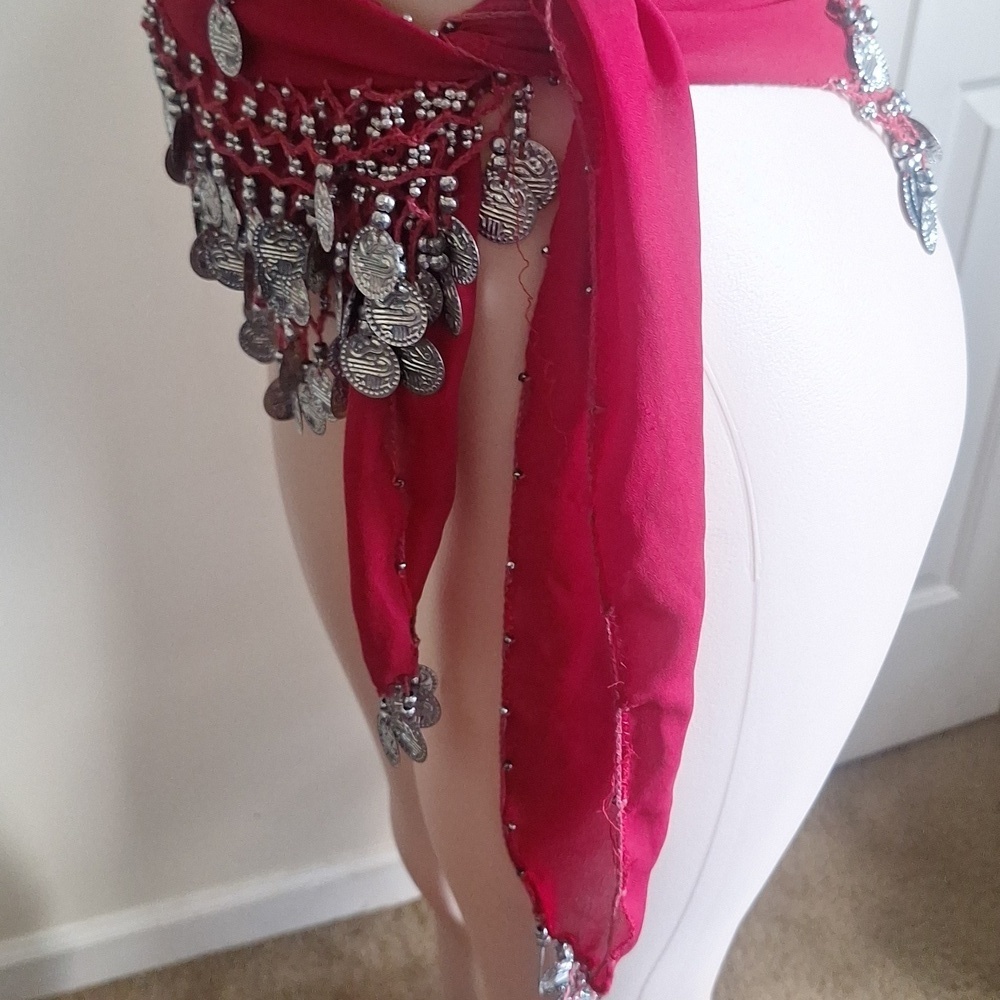 Chiffon 128 Silver Coins Belly Dance Costume Hip Skirt Scarf Wrap Belt And DVD - Picture 6 of 11